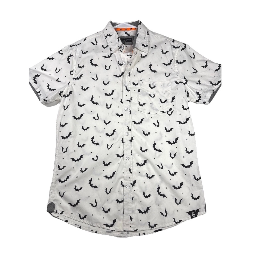 Free Planet Men's M Halloween Short Sleeve  Button Up Shirt Black Bat Print New